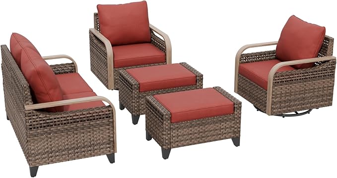 COOS BAY Modern Wicker Outdoor Furniture Set, Patio Conversation Set with Swivel Rockers, 2 Seat Loveseat, and Ottomans, 5 Piece, Brown/Red