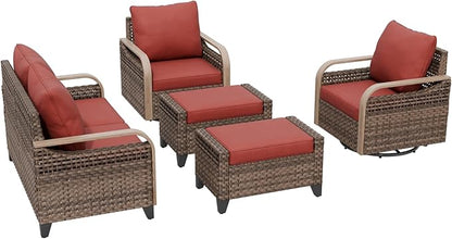 COOS BAY Modern Wicker Outdoor Furniture Set, Patio Conversation Set with Swivel Rockers, 2 Seat Loveseat, and Ottomans, 5 Piece, Brown/Red