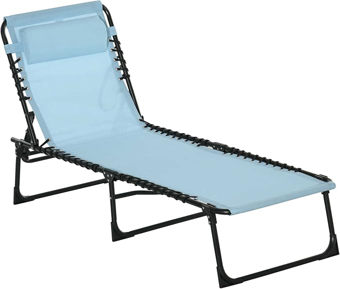 Outdoor Lounge Chair, Tanning Chair with Sunshade Roof, Adjustable Backrest Folding Chaise Lounge with Pillow Headrest for Outside, Beach, Camping, Hiking (No Sunshade Roof, Light Blue)