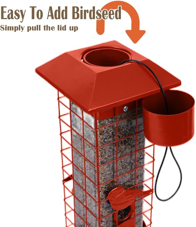 Squirrel Proof Bird Feeders for Outdoors, Metal Wild Bird Feeder for Outside Hanging, 4 Ports Perches, 3LB Large Capacity (Tangerine)