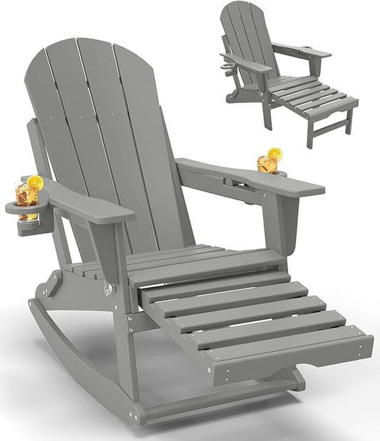 Adirondack Rocking Chair with Retractable Ottoman, All Weather Folding Adirondack Chair with Two Cup Holders, Adirondack Outdoor Rocking Chairs for Porch, Patio, Balcony. White Grey