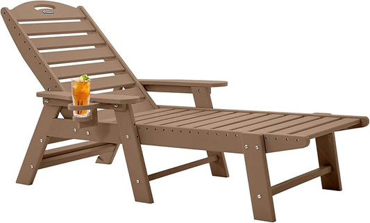 Chaise Lounge for Outdoor, Patio Lounge Chairs for Outside, Chaise Lounge Chair with 6 Positions, HDPE Lounge Chair with Cup Holder for Pool Poolside Deck Backyard Lawn, Teak