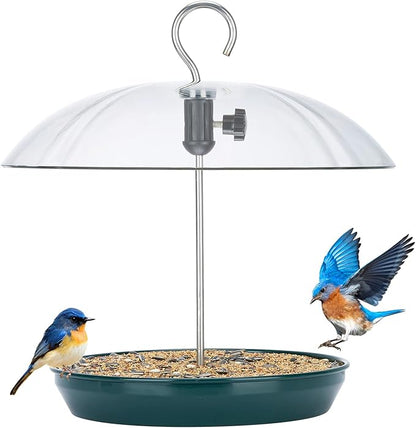Kingsyard Adjustable Platform Bird Feeder for Outdoors, Hanging Metal Seed Tray with Clear Rain Proof Dome, Large Capacity for Wild Bluebird Cardinal Dove Mealworm, Green