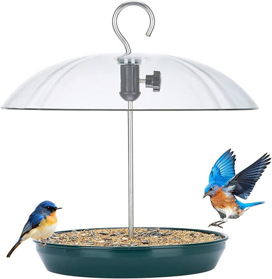 Kingsyard Adjustable Platform Bird Feeder for Outdoors, Hanging Metal Seed Tray with Clear Rain Proof Dome, Large Capacity for Wild Bluebird Cardinal Dove Mealworm, Green