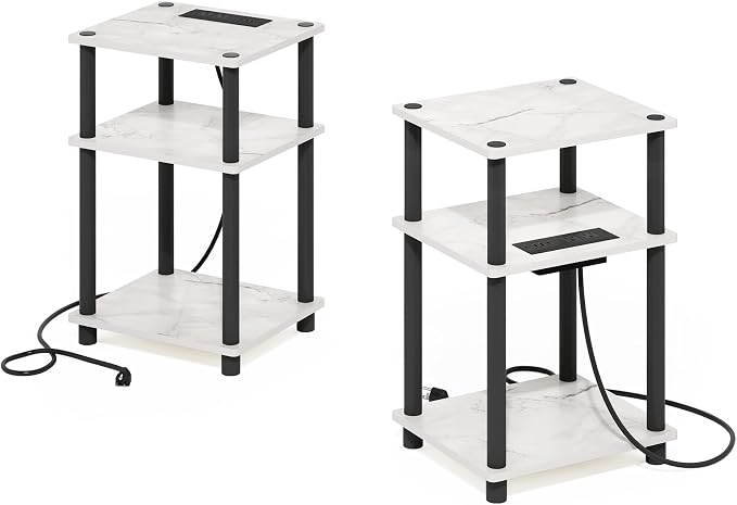 Furinno JUST Side Table Set of 2, 3-Tier Modern End Table with Charging Station, Open Shelf Night Stand, Bedside Table with USB and Type-C Port, for Living Room, Bedroom, Marble White