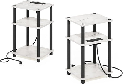 Furinno JUST Side Table Set of 2, 3-Tier Modern End Table with Charging Station, Open Shelf Night Stand, Bedside Table with USB and Type-C Port, for Living Room, Bedroom, Marble White