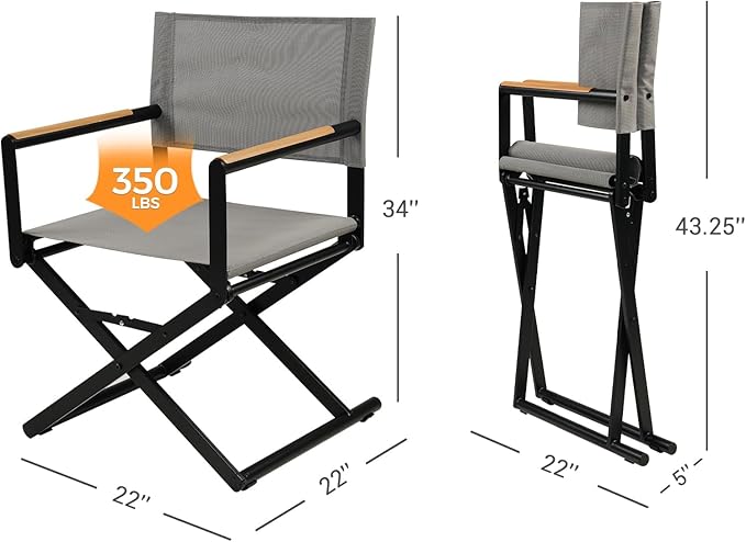 Grand patio Extra-Wide 4-Pack Directors Chairs, Folding Dining Chair Set of 4 with Sling, Woodgrain Armrests, Outdoor, Gray