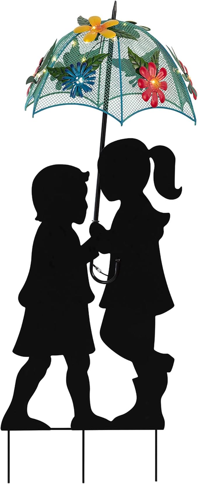 Alpine Corporation 39" Tall Outdoor Solar Powered LED Lights Girl and Boy Silhouette with Umbrella Yard Statue