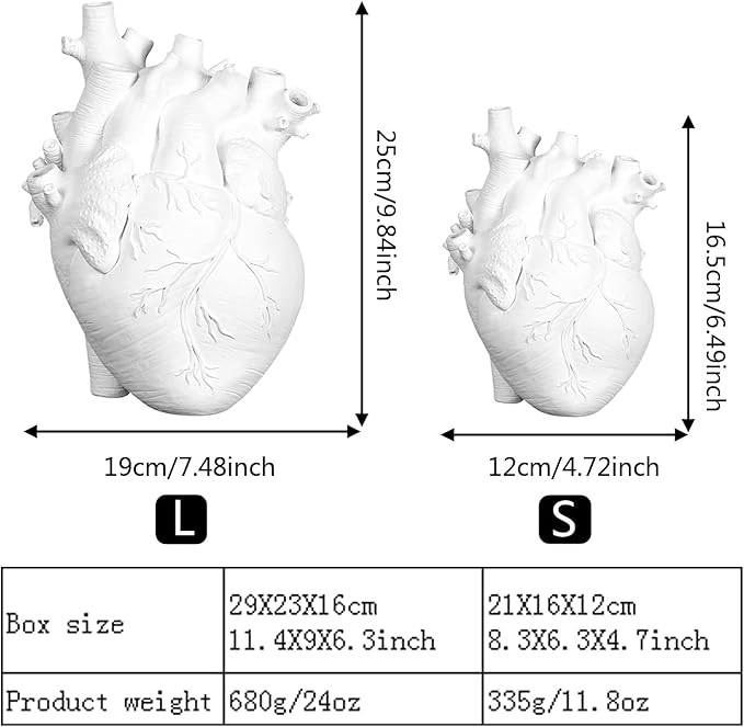 Resin Vase Planter, Decorative Heart Vase - Anatomical Heart Tabletop Decorative Craft, Farmhouse Living Room Bedroom Countertop (White,Large)