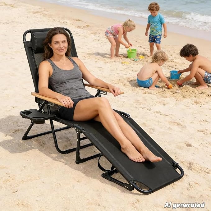 Folding Chaise Lounge Chair Outdoor, Folding Sun Lounger with 4-Position Reclining Back, Foldable Tanning Chair with Adjustable Headrest, Beach Lounge Chair for Poolside Backyard Camping (Black)