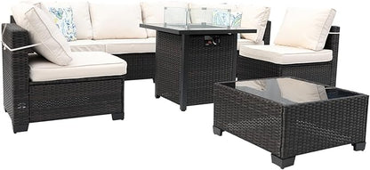 8 Pieces Patio Furniture Set with 28" Fire Pit Table, Wicker Outdoor Sectional Couch, Rattan Conversation Set for Backyard, Deck, Garden Lawn, Brown/Beige