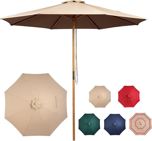 9ft Bamboo Umbrella, Outdoor Patio Umbrella, Waterproof Market Umbrella, 8 Ribs Table Umbrella with Pulley Lift for Garden, Deck, Pool, lawn, Backyard