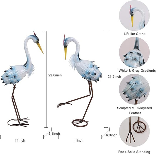 YEAHOME Garden Decor Outdoor Statues, 22"/20" Large Metal Heron Standing Yard Art, Blue Crane Lawn Sculptures Garden Decor for Outside Patio Porch Backyard, Set of 2