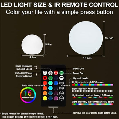 6-in LED Globe Orb Light for Kid, 16 RGB Colors Changing Orb Night Light w/Remote (1PC) and 16-in Cordless LED Glowing Ball Light, Waterproof Indoor/Outdoor LED Globe Orb Light w/Remote (1PC)