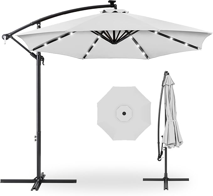 Best Choice Products 10ft Solar LED Offset Hanging Market Patio Umbrella for Backyard, Poolside, Lawn and Garden w/Easy Tilt Adjustment, Polyester Shade, 8 Ribs - Fog Gray