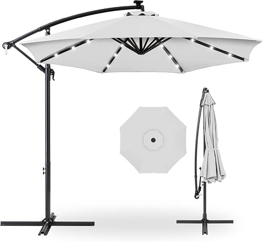 Best Choice Products 10ft Solar LED Offset Hanging Market Patio Umbrella for Backyard, Poolside, Lawn and Garden w/Easy Tilt Adjustment, Polyester Shade, 8 Ribs - Fog Gray