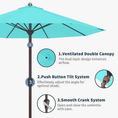 10FT Patio Umbrella Outdoor Market Umbrella with Crank and Tilt, 8 Flexible Fiberglass Ribs, UV-Resistant Waterproof Canopy for Patio, Deck, Garden, Backyard, Aqua Blue