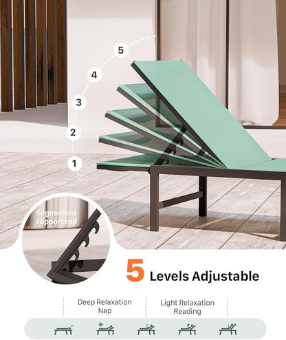 Patio Lounge Chair, Aluminum, 5 Adjustable Backrest,2 Piece,Green | Lightweight rustproof aluminum.5 adjustable backrest positions.Breathable quick-dry fabric.For poolside,beach,lawn,backyard.