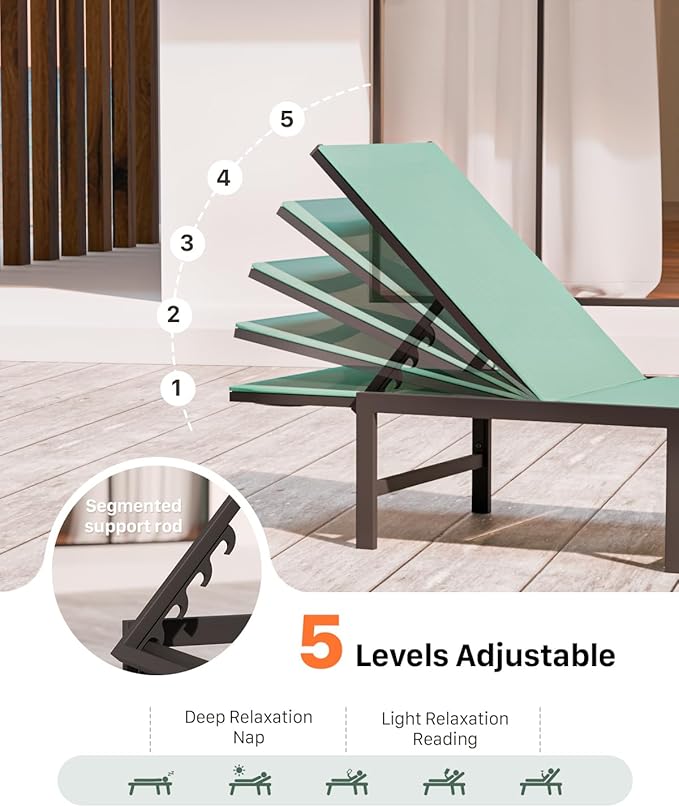 Chaise Lounge Chair Outdoor, Aluminum PatioChairs with 5 Adjustable Backrest and HeadrestPillows for Outside Beach,Green