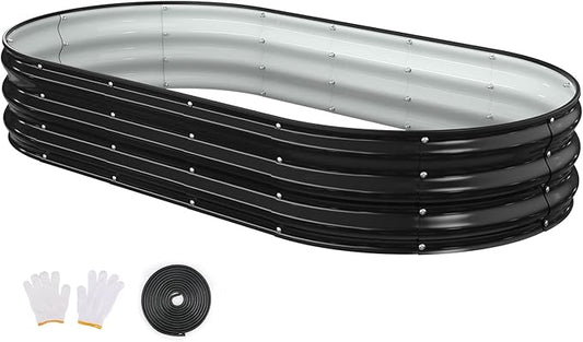 Raised Garden Bed, 6x3x1ft Galvanized Outdoor Planter Beds with Safety Edging and Gloves, Oval Metal Planter Box for Gardening Vegetables Flowers Herb-Black