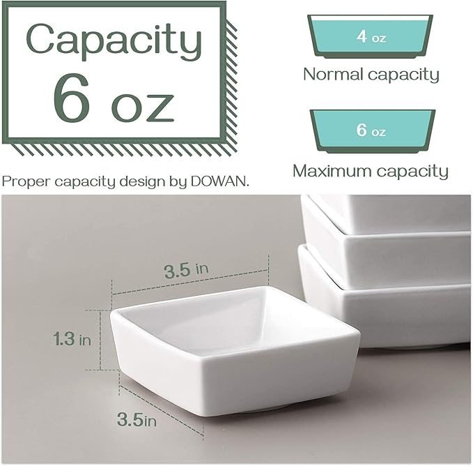 DOWAN Creme Brulee Ramekins 6 oz Oven Safe, Small Ceramic Square Ramekin, Custard Cups Souffle Baking Dish, Dipping Bowls Soy Sauce Dish Appetizer Plates, Set of 6, Soft White