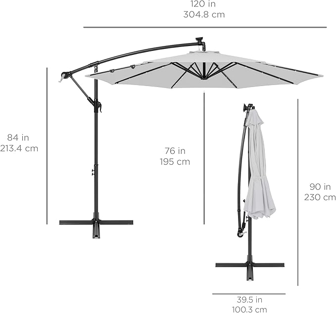 Best Choice Products 10ft Solar LED Offset Hanging Market Patio Umbrella for Backyard, Poolside, Lawn and Garden w/Easy Tilt Adjustment, Polyester Shade, 8 Ribs - Fog Gray