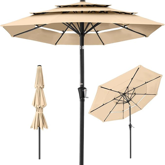 Best Choice Products 10ft 3-Tier Market Patio Umbrella, Outdoor Sun Shade with Tilt, Crank Lift, 8 Ribs for Backyard, Deck, Poolside – Sand