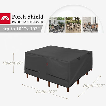 Porch Shield Patio Table Cover - Waterproof Outdoor Dining Table and Chairs Furniture Set Cover Square - 102 x 102 inch, Black