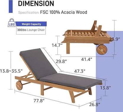 Patiorama Patio Acacia Wood Chaise Lounge, Outdoor Folding Lounge Chair Recliner w/Adjustable Backrest, Wheels, Padded Cushion, Portable Sun Lounger Pool Chair for Deck, Lawn, FSC Certified, Dark Grey
