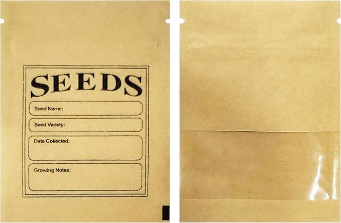 PABCK 100 Pack Small Resealable Seed Envelopes with Clear Window 2.7x3.7inch Brown Kraft Paper Packet with Preprinted Seed Collecting Template for Seed Flower Vegetable Plants Garden Storage Packaging