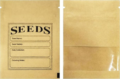 PABCK 100 Pack Small Resealable Seed Envelopes with Clear Window 2.7x3.7inch Brown Kraft Paper Packet with Preprinted Seed Collecting Template for Seed Flower Vegetable Plants Garden Storage Packaging