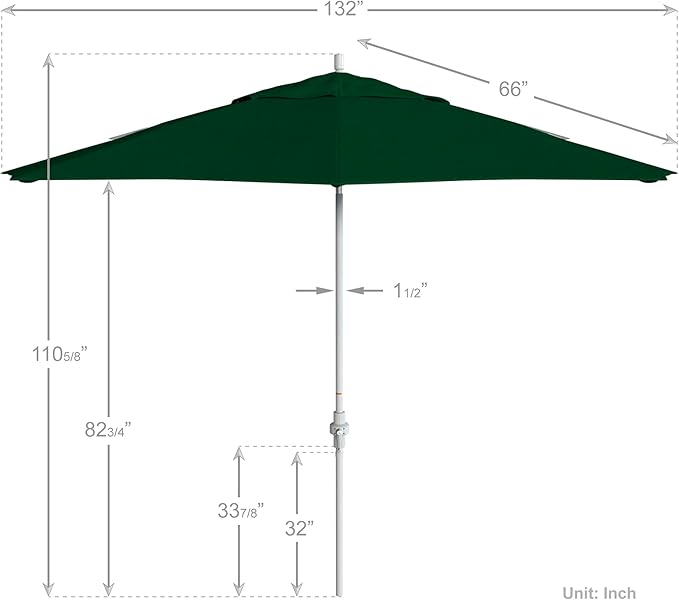 California Umbrella 11Ft Premium Patio Umbrella, Hand-Crank, Tilt-Collar, White Frame, Solution Dyed Hunter Green Fabric