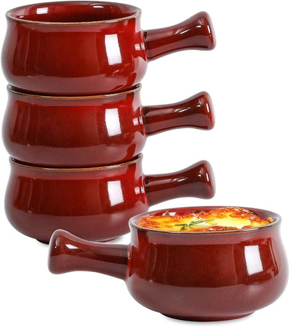 vicrays French Onion Soup Bowls With Handles, 26 Ounce for Soup, Chili, Beef Stew, Chip Resistant, Dishwasher Microwave Safe, Set of 4 (Cherry Red)