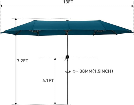 GREEN PARTY 13ft Rectangle Patio Umbrella, Double Sided Outdoor Table Umbrella with Crank & 1.5" Pole, Large Market Umbrella for Poolside Garden Deck Backyard, Cerulean