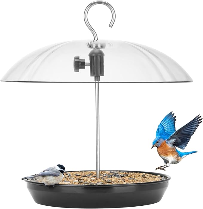 Kingsyard Adjustable Platform Bird Feeder for Outdoors, Hanging Metal Seed Tray with Clear Rain Proof Dome, Large Capacity for Wild Bluebird Cardinal Goldfinches, Black