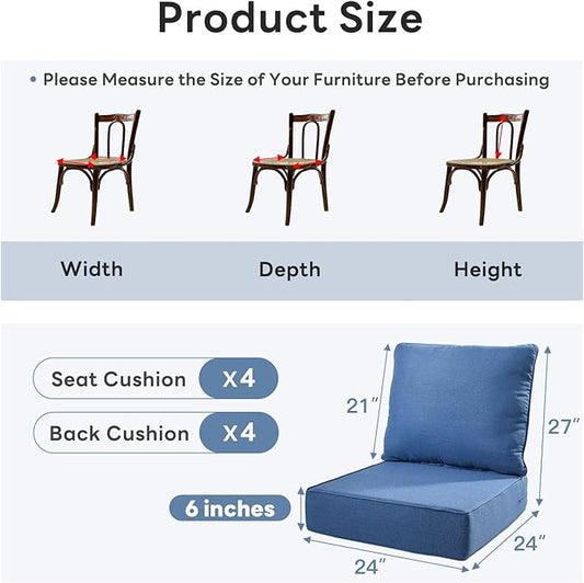 6" Thicker Outdoor Chair Cushion 4 Sets - 24" *24" *6" Waterproof Patio Furniture Cushions with Removable Cover, 28D High Density Sponge Filling Thicken Outdoor Patio Cushions - Blue