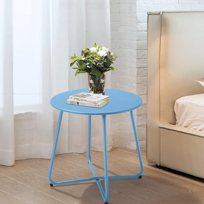 Meluvici Patio Outdoor Side Table Waterproof Round Metal Steel Small Side Table Weather Resistant Portable Outdoor and Indoor End Table for Garden Balcony Yard, Blue