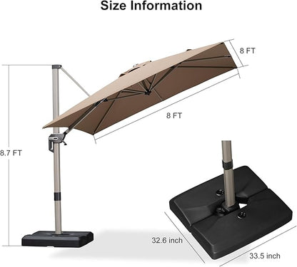 PURPLE LEAF Patio Umbrella with Base Included, 8ft Outdoor Aluminum Cantilever Umbrella with 360° Rotation, Champagne Offset Umbrella for Outdoor Garden Pool, Taupe