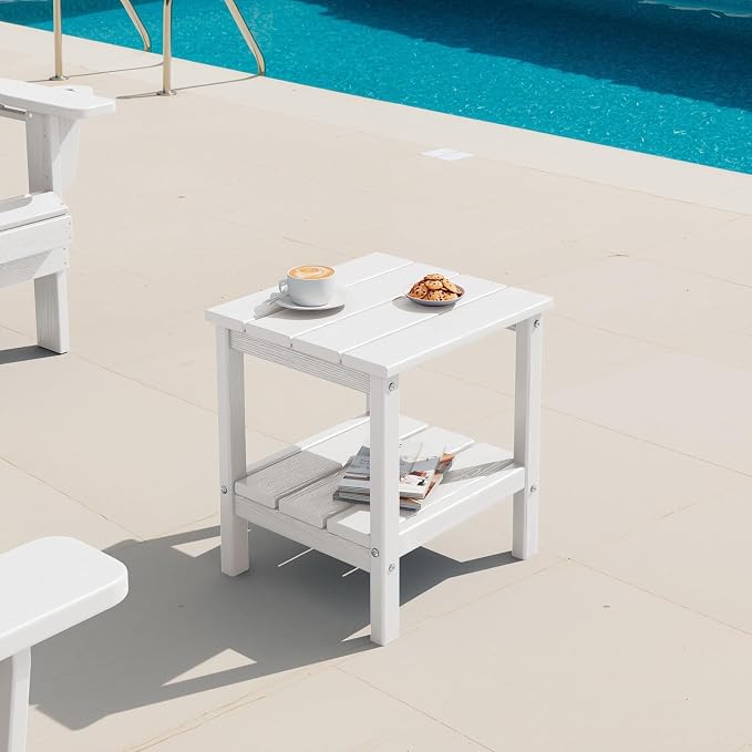 SERWALL 2-Tier HDPE Outdoor Side Table with Umbrella Hole, Weatherproof Rectangular Adirondack Side Table, White