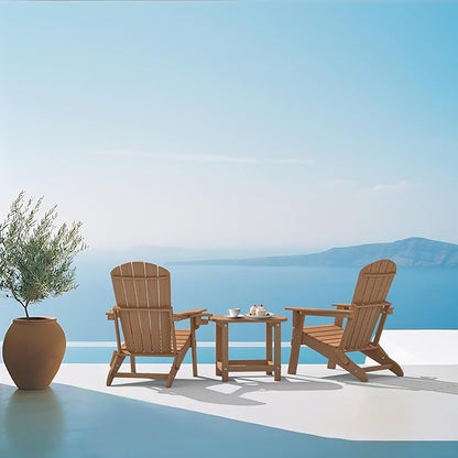 Plawdlik Folding Adirondack Chair, SGS Tested, Wooden Textured with Cup Holder, Heavy All-Weather HDPE Comfortable Set Poolside Backyard Lawn Teak Set 4