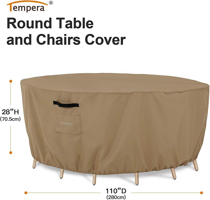 Tempera Patio Table Cover , Sectional Sofa , Dining Set Cover Outdoor , Anti-Fading , Waterproof for Outside Furniture, 110"D x 27.8"H, Taupe