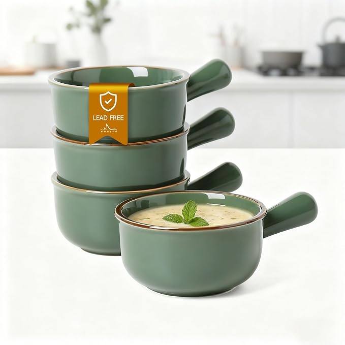 MONITO 16 Oz French Onion Soup Bowls, Ceramic Soup Bowls with Handles, Stackable Soup Crocks Oven Safe for Chili, Beef Stew, Cereal,Casseroles Microwave & Dishwasher Safe, Set of 4, Forest Green