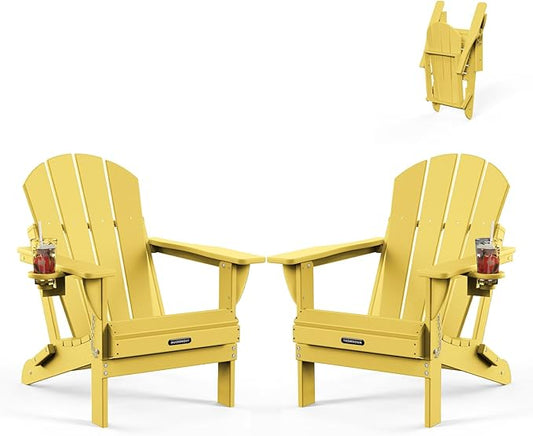 MUCHENGHY Folding Adirondack Chairs Set of 2, Patio Chairs, Lawn Chairs, Outdoor Chair, Adirondack Chair Plastic, Fire Pit, Weather Resistant with Cup Holder for Deck, Backyard, Garden(Olive Yellow)