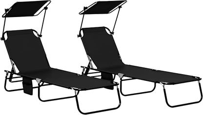 Outsunny Folding Chaise Lounge Pool Lounge Chairs Set of 2, Outdoor Sun Tanning Chairs with Canopy Shade, Reclining Back, Steel Frame and Side Pocket for Beach, Yard, Patio, Black