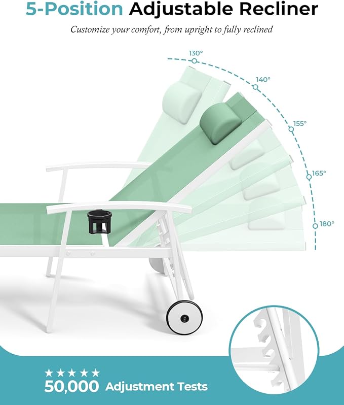 Ciokea Outdoor Lounge Chair with Pillow Set of 2, 5-Position Aluminum Chaise Lounge with Wheels & Armrests, 400 lbs Heavy Duty Patio Pool Chair for Backyard, Deck, Beach & Poolside, Light Green