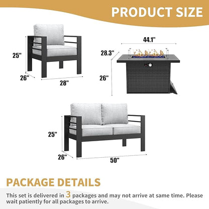 LayinSun Aluminum Furniture Set with Fire Pit Table, 4 Pieces Patio Sectional Conversation Chat Sofa Modern Seating Set