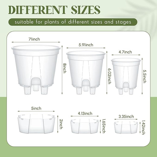 Wonderjune Self Watering Pots for Indoor Plants with Deep Reservoir and High Drainage Holes for Outdoor Plants and Flowers, Bare Root Planter(4.72'', 5.91'', 7.09'',Clear,6 Pcs)