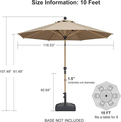PURPLE LEAF 10 Feet Patio Umbrella Outdoor Table Umbrella Aluminum Round Market Umbrella with Push Button Tilt & 8 Sturdy Ribs and Crank Commercial Sun Umbrella for Garden Patio Balcony, Taupe