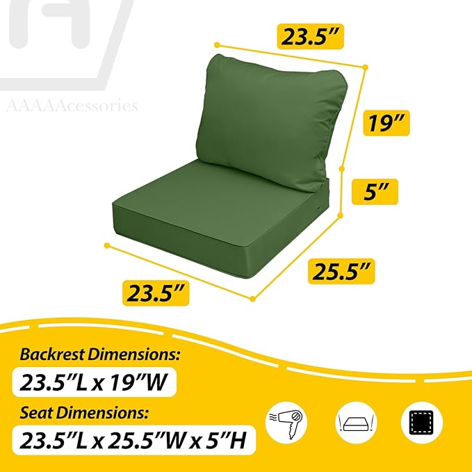 AAAAAcessories Outdoor Seat Cushions for Chairs, Fade-Resistant, Waterproof Patio Furniture Replacement Cushions, 23.5" x 25.5" x 5" + 23.5" x 19", Dark Moss Green