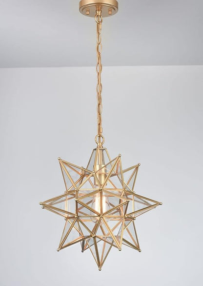 DIRYZON Modern Moravian Star Pendant Light for Kitchen Island Boho Gold Hanging Ceiling Light with Clear Glass Adjustable Chain,16 Inch